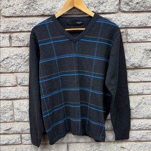 Gray and Blue Lief Horsens V-Neck Sweater